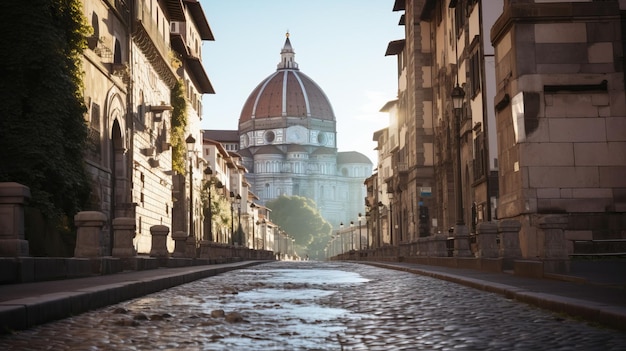 a street with a dome on the top and a building in the background