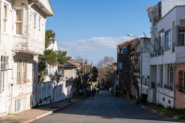 A street with a few houses and a few people walking down it