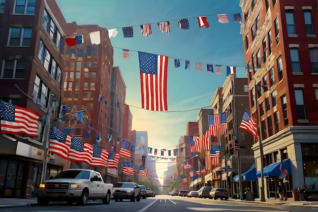 a street with a flag and a car driving down it