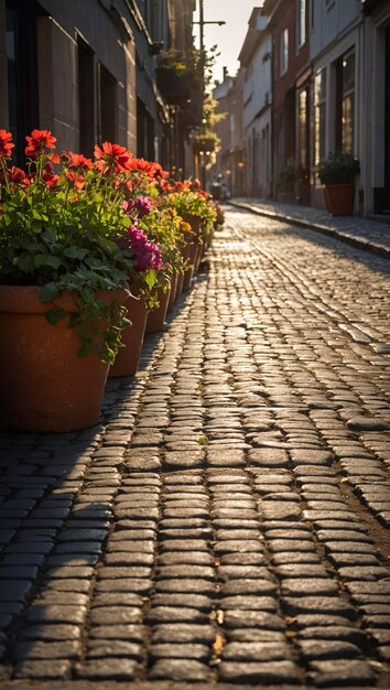 Photo a street with flowers and a building in the background