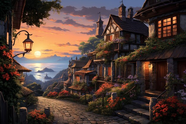 a street with flowers and houses at sunset high quality