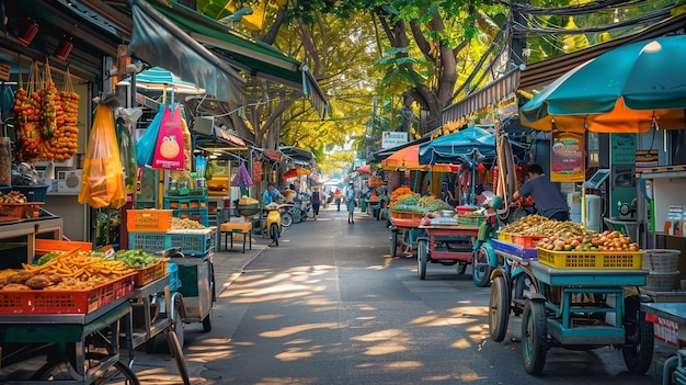 a street with a fruit stand and a cart with a sign that says  fruit