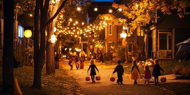 Photo a street with a house and a couple holding pumpkins