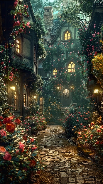 a street with a house and flowers on the ground