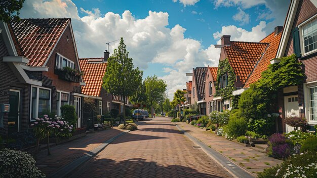 a street with houses and a car on the road