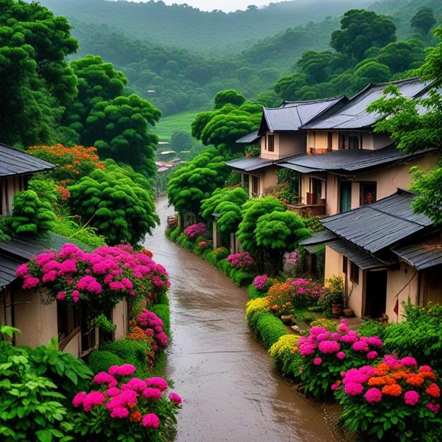 a street with houses and flowers in the foreground and a river running through the front