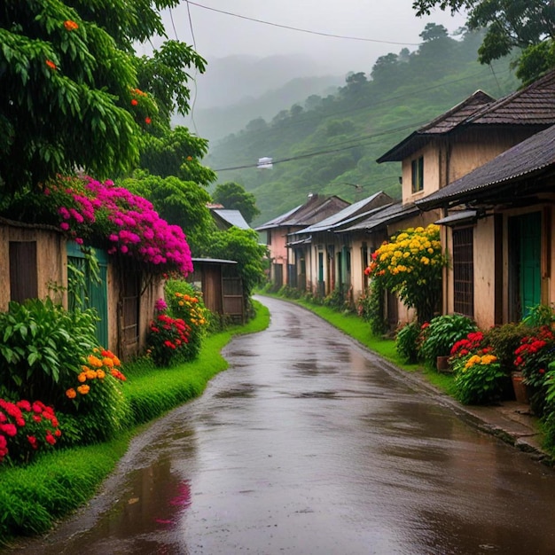 a street with houses and flowers on the side of it