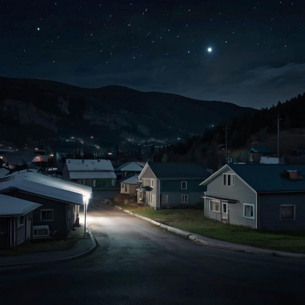 a street with houses and a star that is on the top of the hill