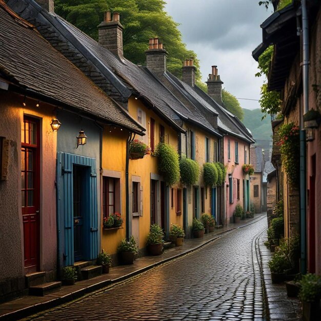 a street with houses and a street with a yellow house with a red door