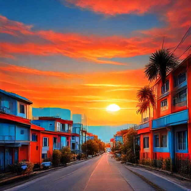 Photo a street with houses and a sunset in the background