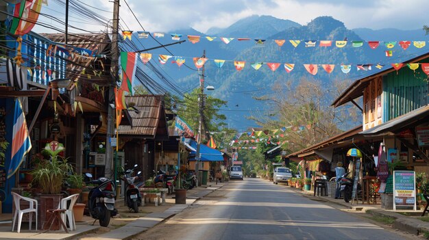 a street with a mountain in the background and a banner that says  flags