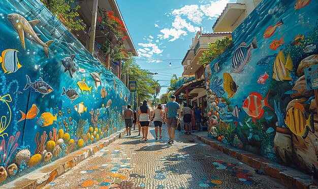 a street with a mural of fish and a woman walking down it