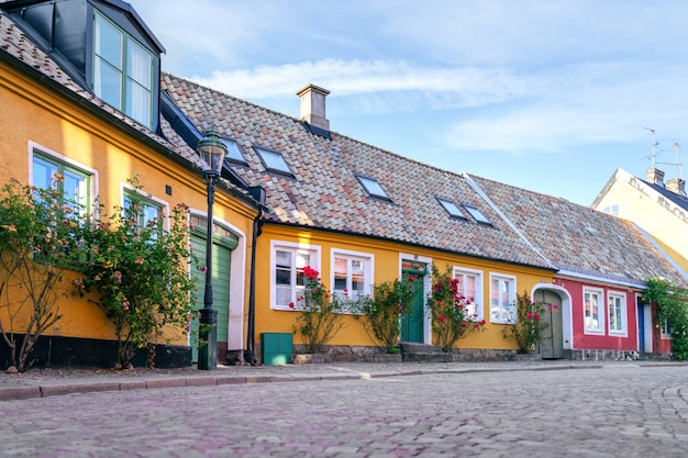 A street with old houses in the downtown of Lund in Sweden, Skane