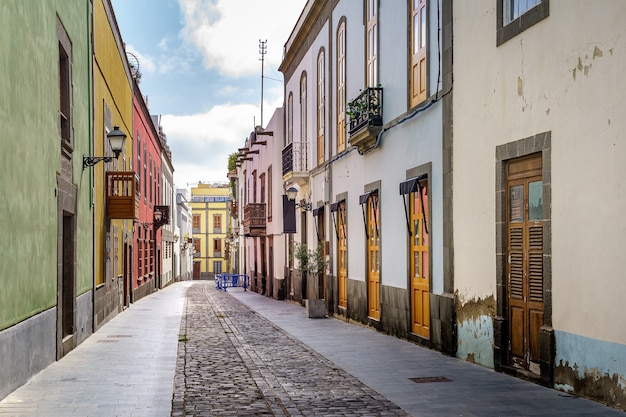 Street with old, picturesque and charming houses in bright colors in the city of Las Palmas de Gran Canaria. Canary Islands. Spain. europe.