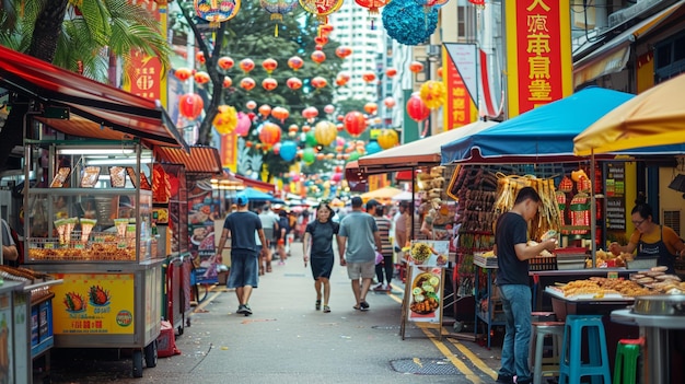 a street with people walking and a market with balloons hanging from the ceiling