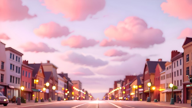 A street with a pink sky and a pink cloud