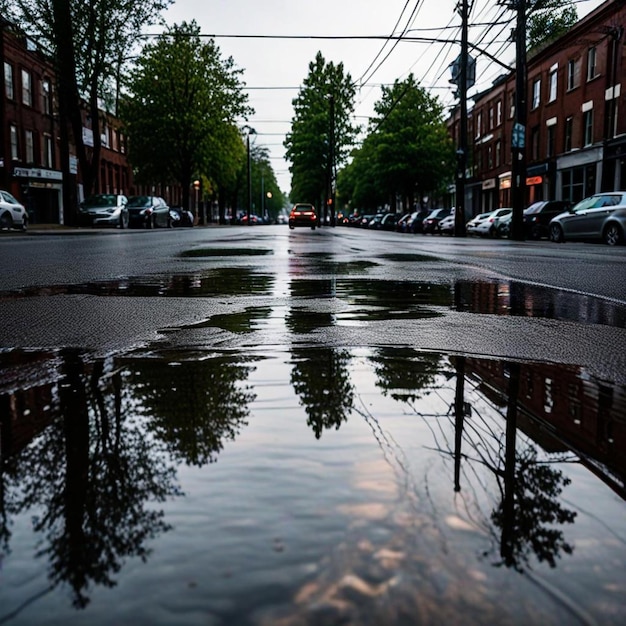 Photo a street with a puddle of water and a car driving down it