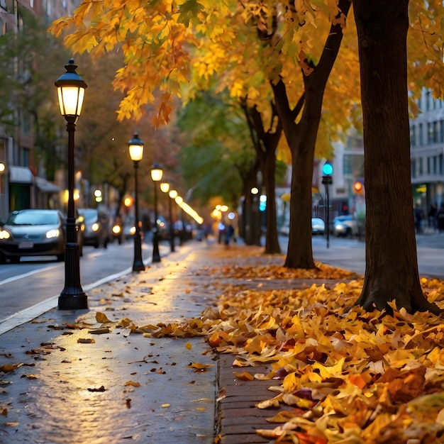 Photo a street with a row of trees and a street light