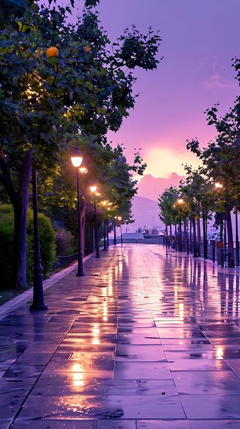 a street with street lights and trees on it and a purple sky in the background