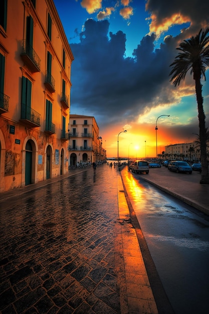 A street with a sunset and a building with a sign that says'sunset '