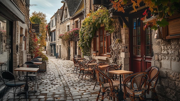 a street with a table and chairs and a building with a sign that says quot cafe quot