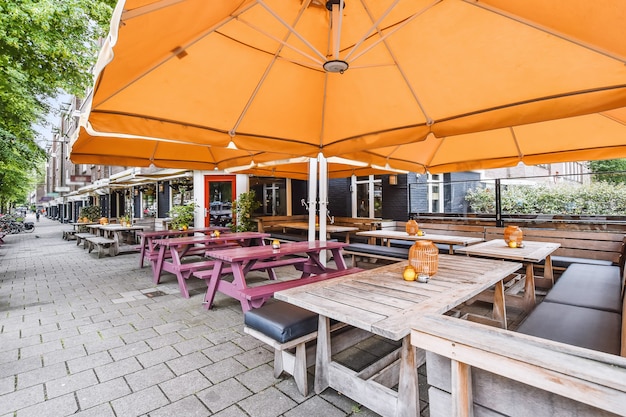 Street with tables and benches