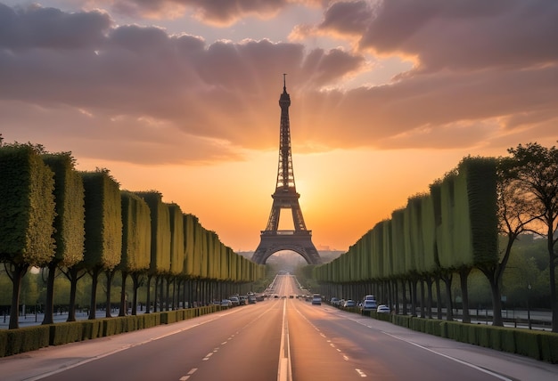 a street with a tower that says eiffel tower on it