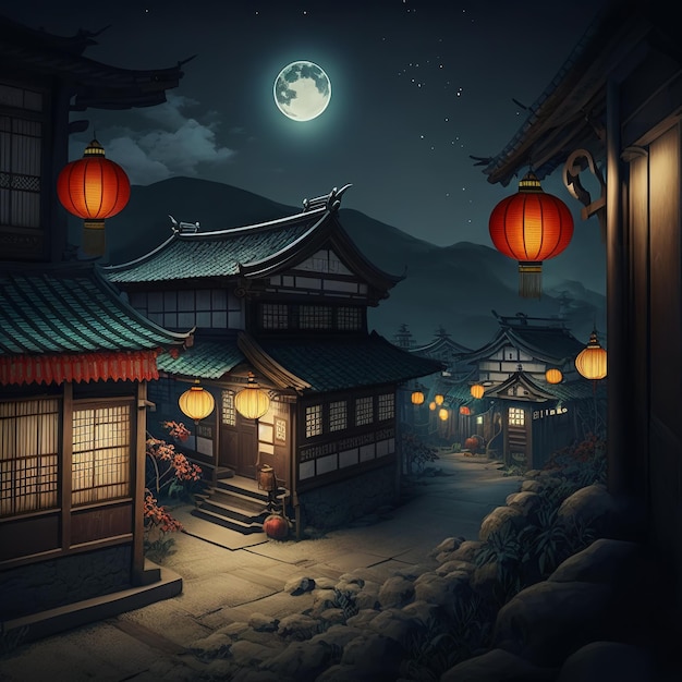 A street with traditional chinese village house and a moon in sky