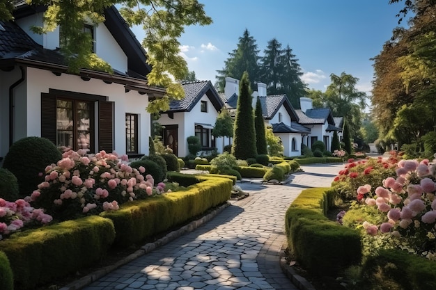 Street with traditional private houses Residential architecture exterior