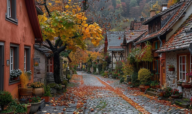 a street with a tree and a house with a tree in the background