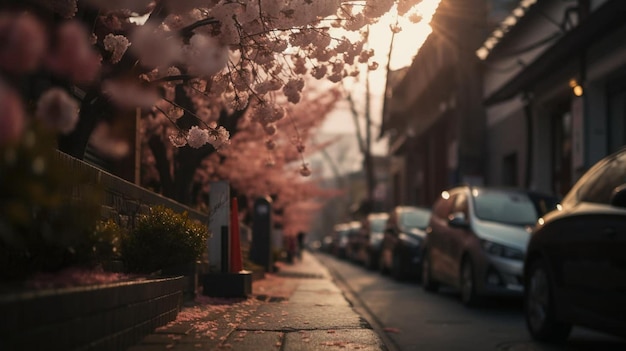 A street with a tree lined sidewalk and a sidewalk with pink cherry blossoms.