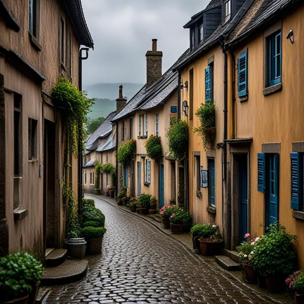 a street with a yellow house with a blue door and a blue shuttered window