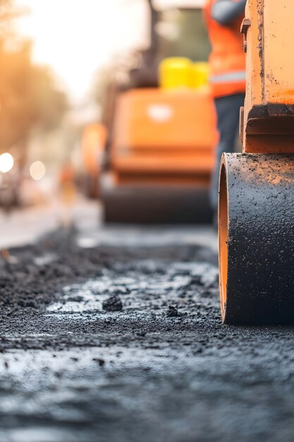 a street with a yellow truck in the background and a tire on the ground