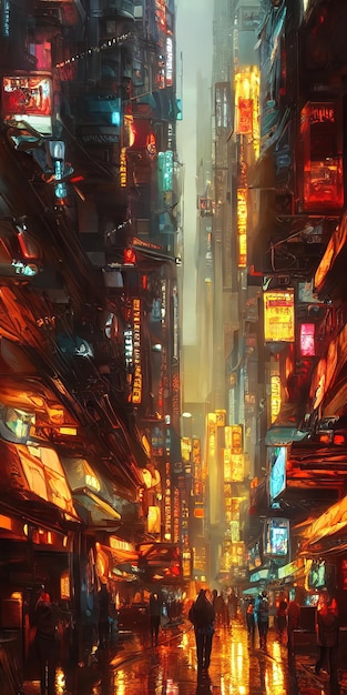 Streets of Cyberpunk city Bright glowing houses and windows of skyscrapers of a fantastic city of the future Neon advertising signs 3d illustration