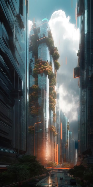 On the streets of a futuristic city with tall buildings and intricate architecture Generative Ai