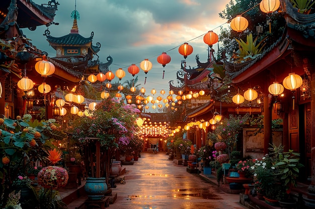 Streets and temples are decorated with flowers and lamps on Vesak to celebrate the birth enlightenment and death of Buddha