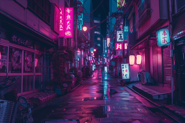 Streets of Tokyo at night neon signs and futuristic buildings