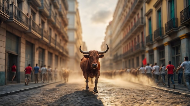 The streets with a majestic bull during San Fermin tradition Generative AI