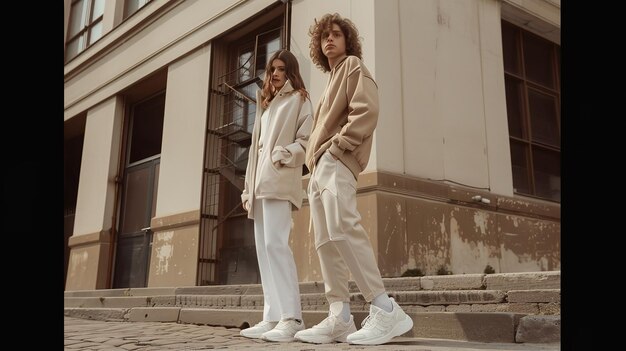 Photo a streetwear fashion shoot featuring unisex basic white sneakers generative ai