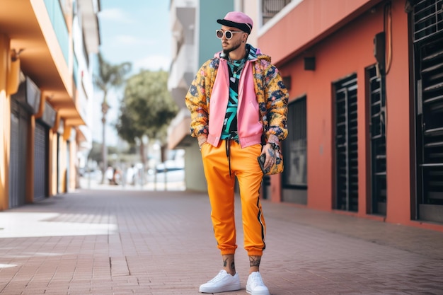 Streetwear outfit with bold colors and patterns for a standout look created with generative ai