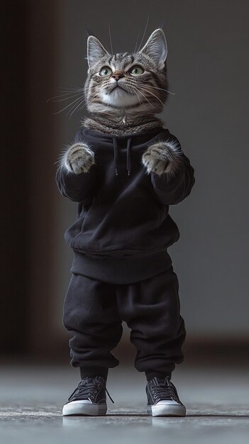 Photo streetwise cat in black hoodie and cargo pants