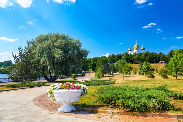 Strelka park and Assumption Cathedral in summer Yaroslavl city touristic Golden Ring in Russia