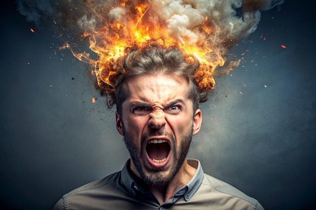 Photo stress concept angry man with exploding head