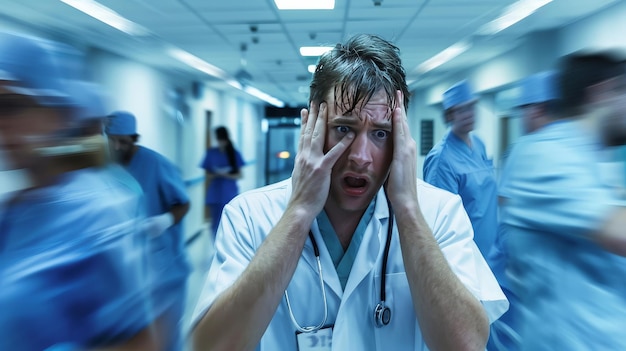 Photo stress of a doctor in a hectic hospital during a busy shift