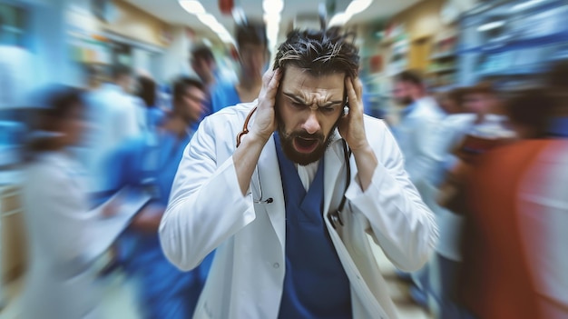 Photo stress of a doctor in a hectic hospital during a busy shift