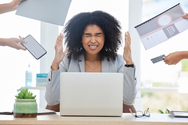 Stress headache and black woman in a meeting corporate chaos and tired from working in management Business burnout sad and manager crying frustrated and angry with anxiety from career as a boss