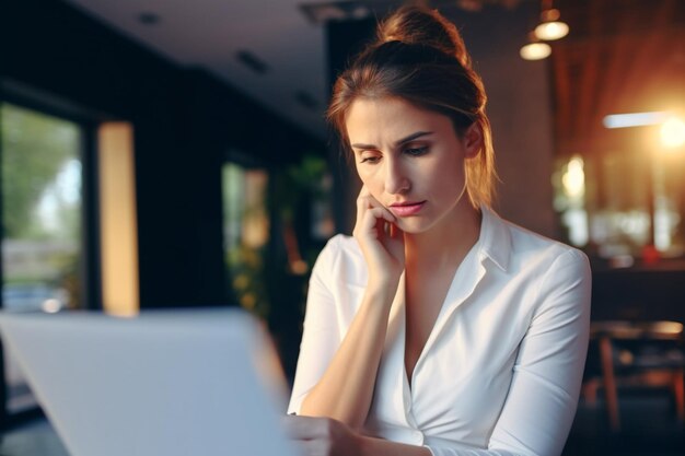 Stressed business woman looking at received letter portrait copy space