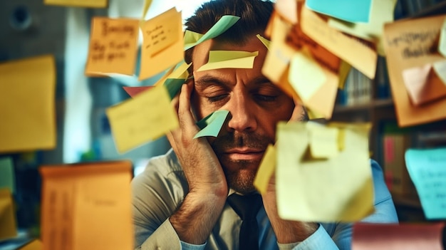 Stressed businessman overwhelmed by numerous sticky notes symbolizing high workload and pressure in a busy office environment