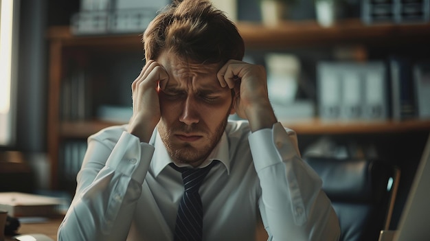 A stressed businessman sits at his desk with his hands on his head looking frustrated and overwhelme