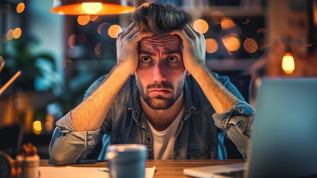 A stressed businessman sits at his desk with his hands on his head looking frustrated and overwhelme